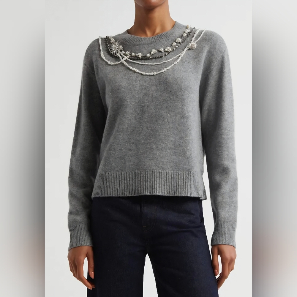 Cinq a Sept Lilliana Necklace Detail Wool Blend Pullover Sweater XL